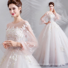 2019 Illusion O-neck Princess Puff Sleeves High Quality Wedding Dress Bridal Gown Fancy Appliqued Pink Flower Wedding Dress